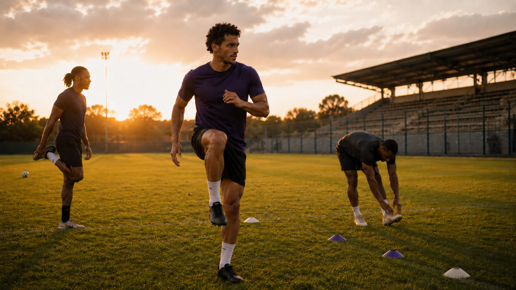 Fußballspieler beim Aufwärmen: Beanspruchte Muskeln müssen gut aufgewärmt werden.